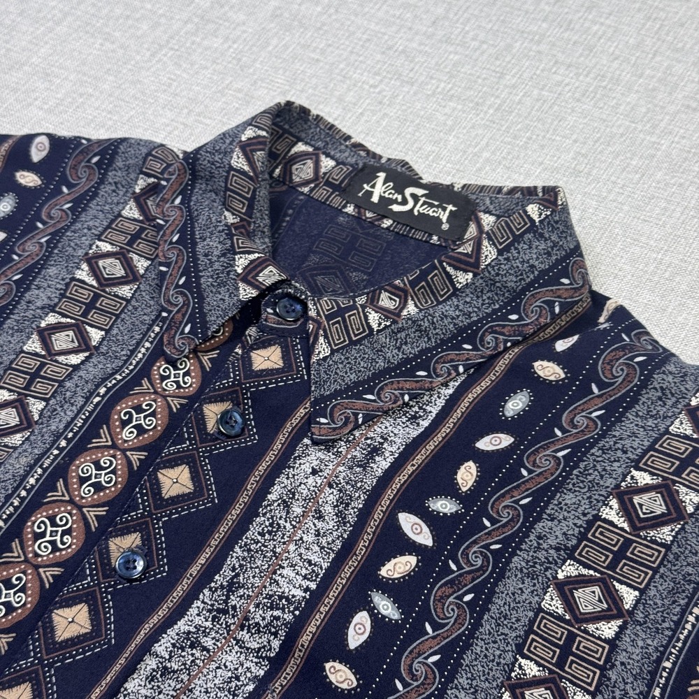 Alan Stuart Vintage Rayon Button-Up Geometric Shirt Mens Large Blue Short Sleeve